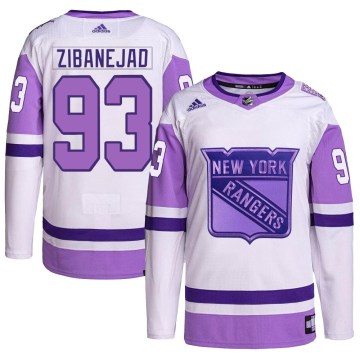 Adidas New York Rangers Men's Mika Zibanejad Authentic White/Purple Hockey Fights Cancer Primegreen NHL Jersey
